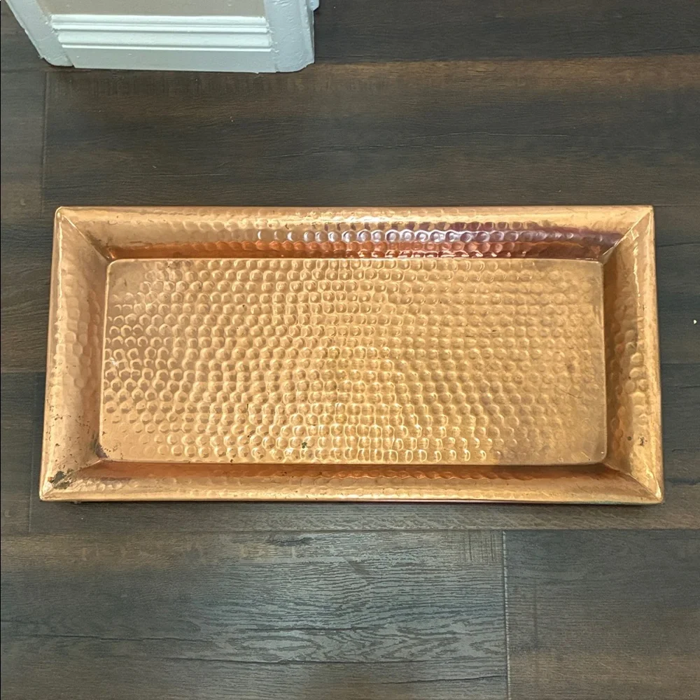 VINTAGE HAND CRAFTED ARTSAN  TRAY PLATTER SIGNED Hammered Copper Decor 28” x 14”